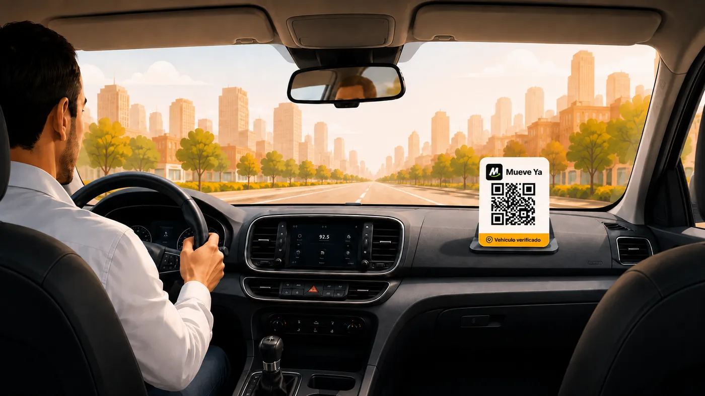 Placa con código QR de Vehículo verificado en el tablero de un Mueve Ya
